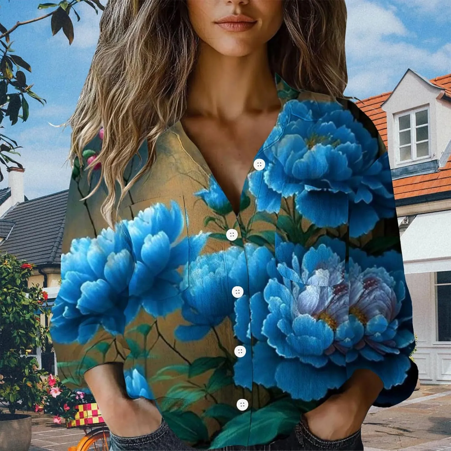 Linen Boho Floral Shirts for Women Long Sleeve Button Down V Neck Ethnic Tops Casual Blouse Summer Vintage Shirts