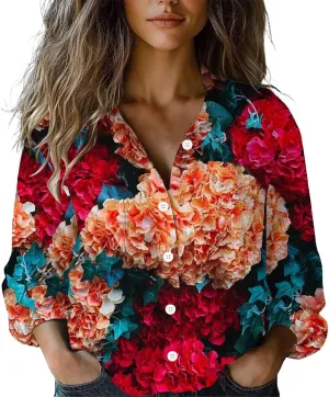 Linen Boho Floral Shirts for Women Long Sleeve Button Down V Neck Ethnic Tops Casual Blouse Summer Vintage Shirts