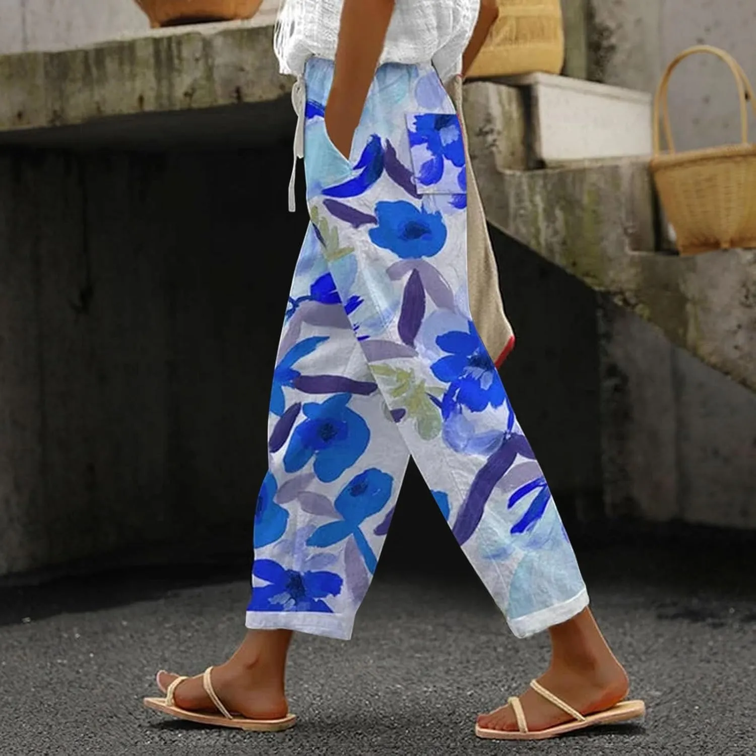 Linen Capri Pants for Women 2024 Capri Pants with Pockets Wide Leg Cropped Pants for Women Linen Capri Pants for