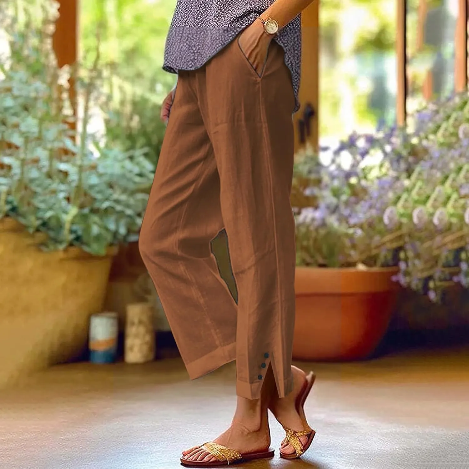 Linen Pants for Women Cotton Casual Elastic Waist Drawstring Straight Wide Leg Plus Size Capri Pant with Pockets 2025