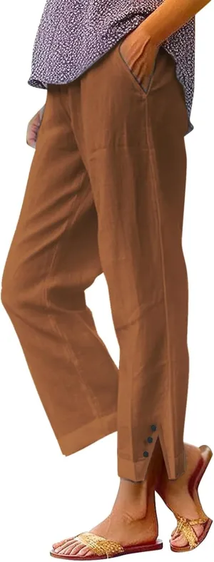 Linen Pants for Women Cotton Casual Elastic Waist Drawstring Straight Wide Leg Plus Size Capri Pant with Pockets 2025