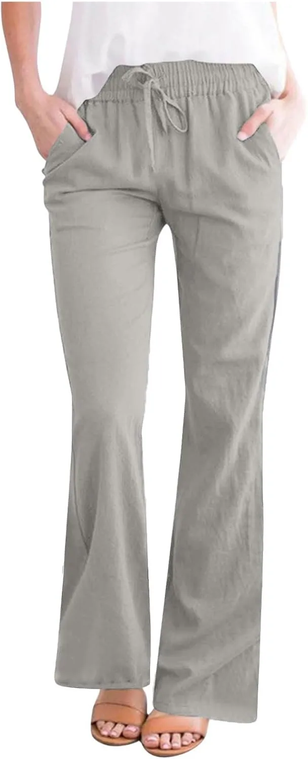 Linen Pants Women Casual Linen High Waist Pants Vacation Travel Pants Drawstring Loose Summer Trousers with Pockets