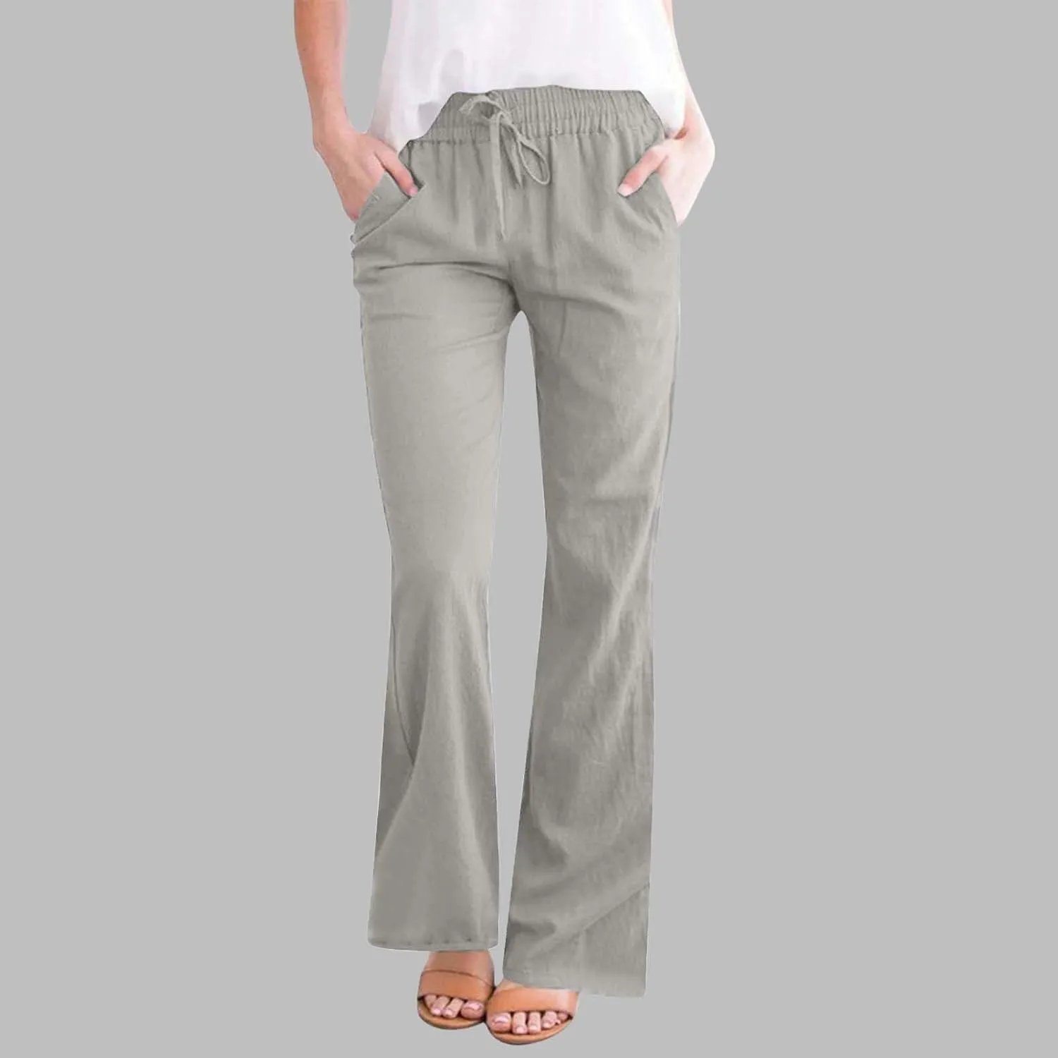 Linen Pants Women Casual Linen High Waist Pants Vacation Travel Pants Drawstring Loose Summer Trousers with Pockets