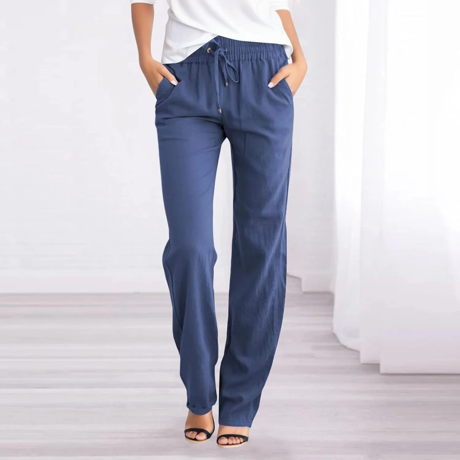 Linen Pants Women Straight Leg Drawstring Elastic High Waist Loose Comfy Trousers Summer Beach Pant with Pockets