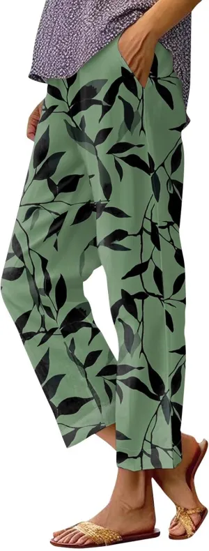 Linen Pants Women Summer Boho Wide Leg Pants High Waisted Palazzo Pant Floral Print Beach Trousers with Pockets