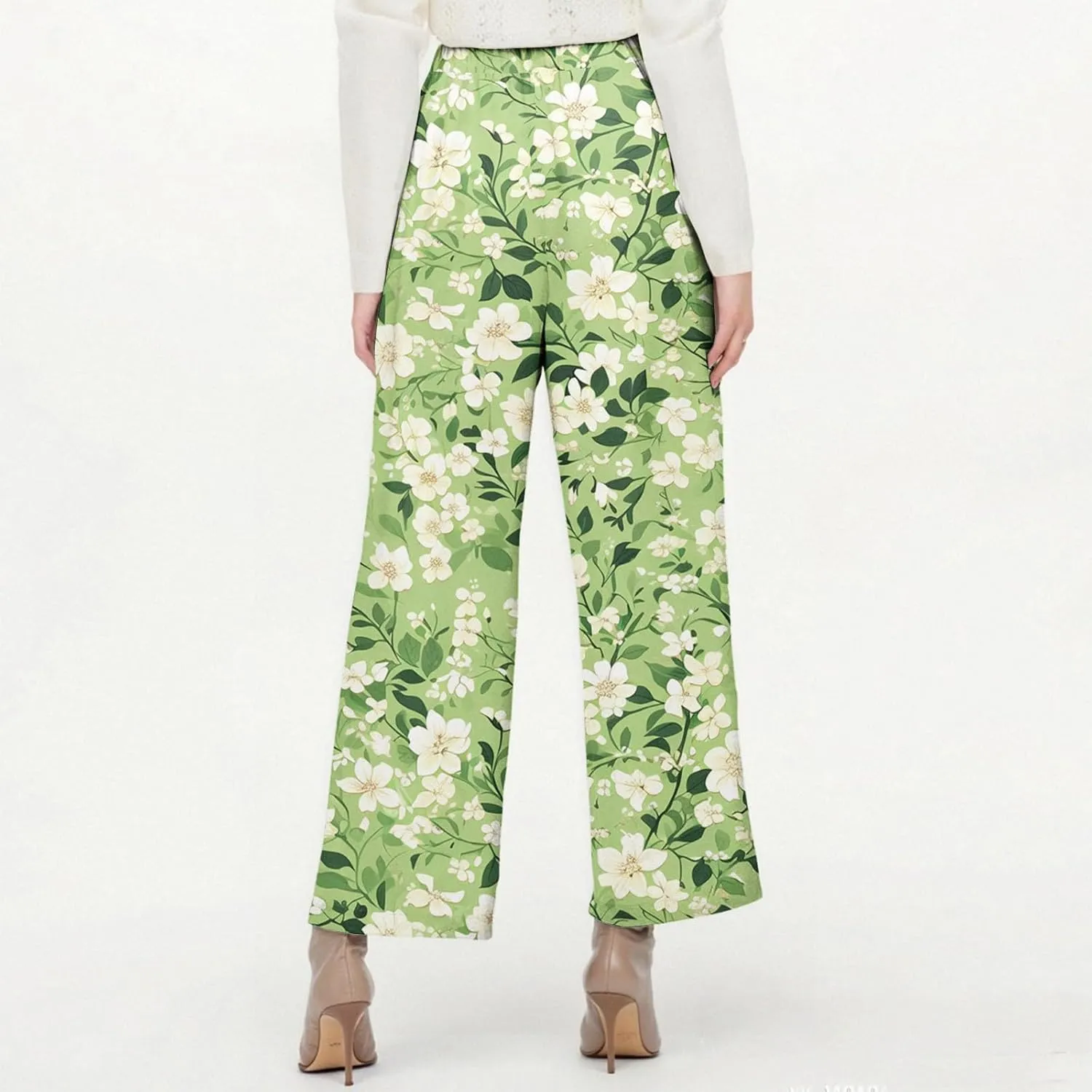 Linen Pants Women Summer Boho Wide Leg Pants High Waisted Palazzo Pant Floral Print Beach Trousers with Pockets