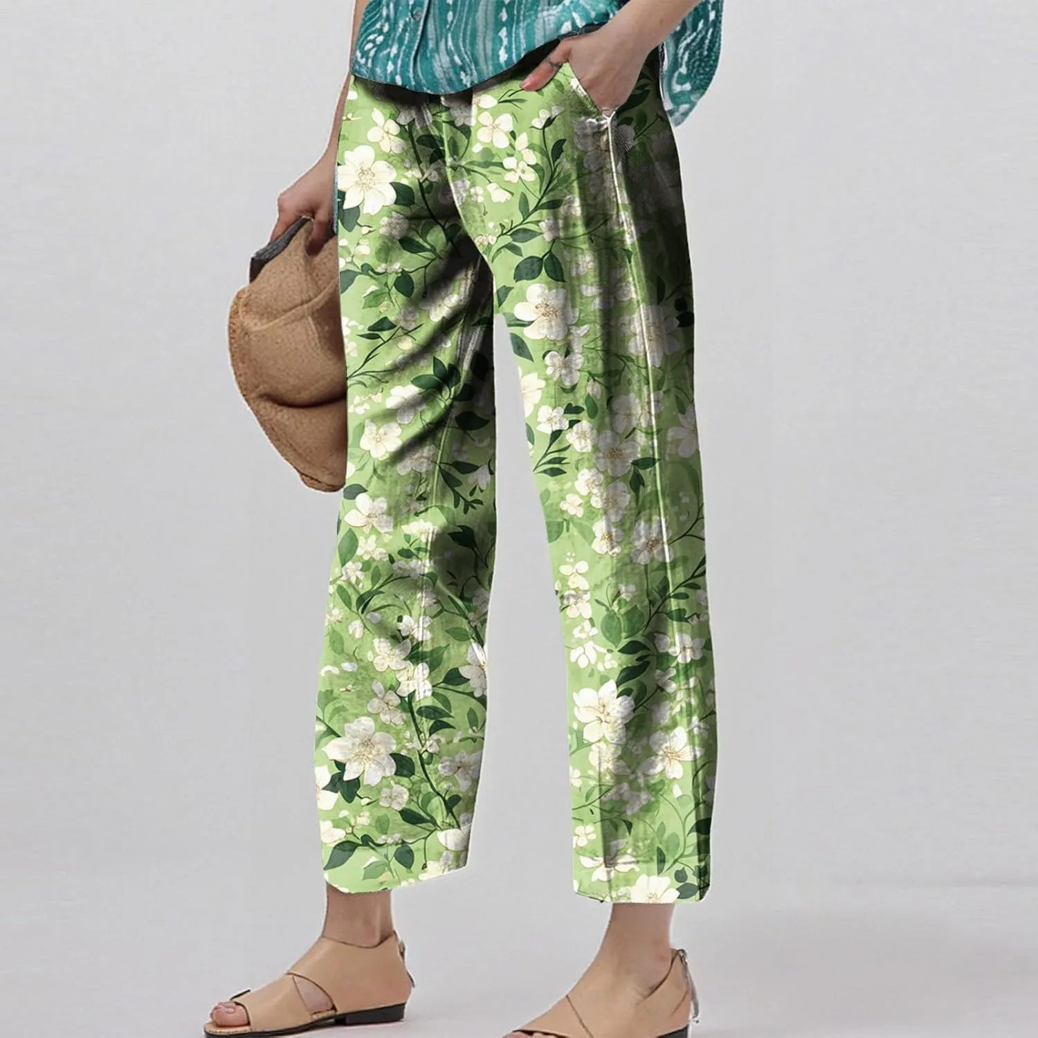 Linen Pants Women Summer Boho Wide Leg Pants High Waisted Palazzo Pant Floral Print Beach Trousers with Pockets
