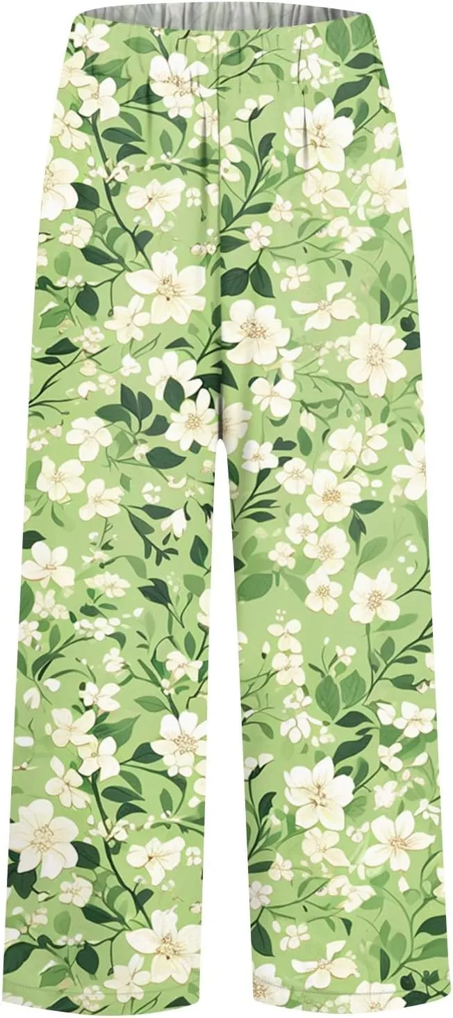 Linen Pants Women Summer Boho Wide Leg Pants High Waisted Palazzo Pant Floral Print Beach Trousers with Pockets
