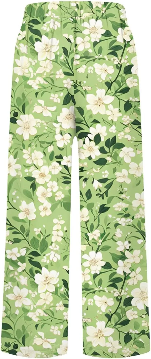 Linen Pants Women Summer Boho Wide Leg Pants High Waisted Palazzo Pant Floral Print Beach Trousers with Pockets