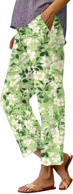 Linen Pants Women Summer Boho Wide Leg Pants High Waisted Palazzo Pant Floral Print Beach Trousers with Pockets