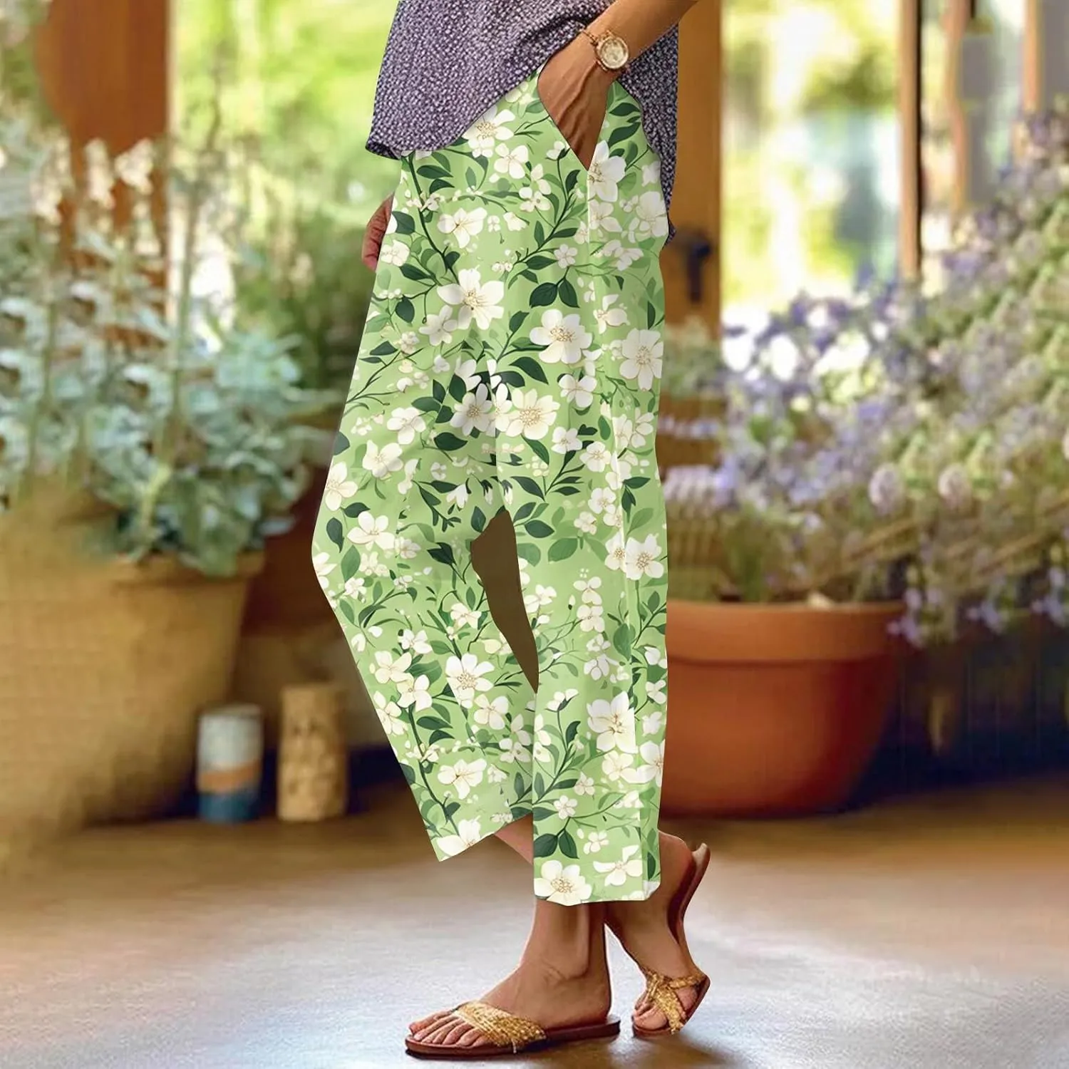 Linen Pants Women Summer Boho Wide Leg Pants High Waisted Palazzo Pant Floral Print Beach Trousers with Pockets