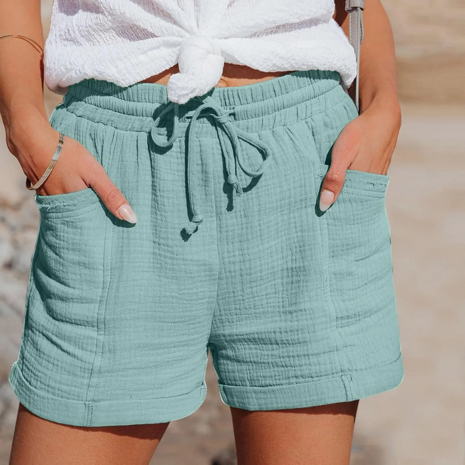 Linen Shorts for Women Plus Size Summer Trendy 2024 Self Tie Waist Casual Shorts Loose Drawstring Beach Shorts with Pockets