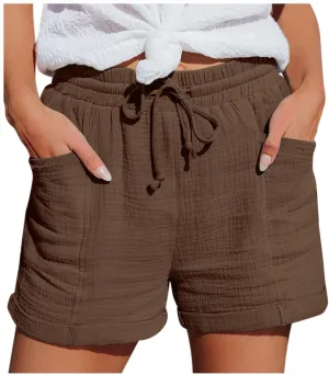 Linen Shorts for Women Plus Size Summer Trendy 2024 Self Tie Waist Casual Shorts Loose Drawstring Beach Shorts with Pockets