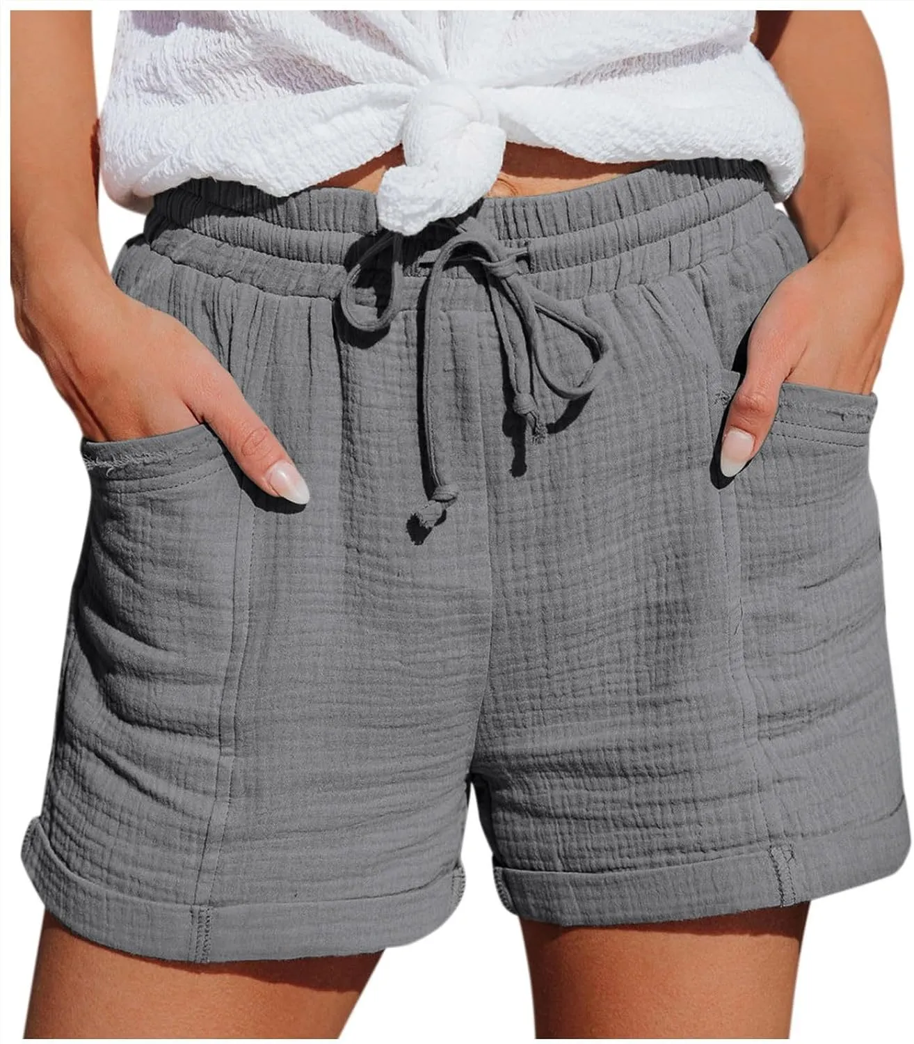 Linen Shorts for Women Plus Size Summer Trendy 2024 Self Tie Waist Casual Shorts Loose Drawstring Beach Shorts with Pockets