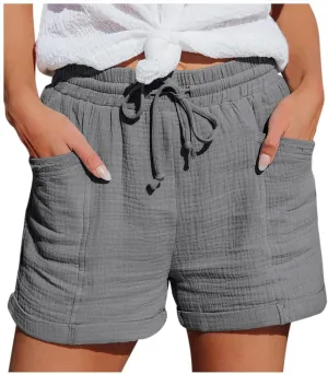 Linen Shorts for Women Plus Size Summer Trendy 2024 Self Tie Waist Casual Shorts Loose Drawstring Beach Shorts with Pockets