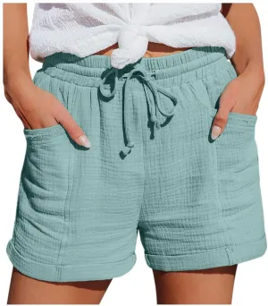 Linen Shorts for Women Plus Size Summer Trendy 2024 Self Tie Waist Casual Shorts Loose Drawstring Beach Shorts with Pockets