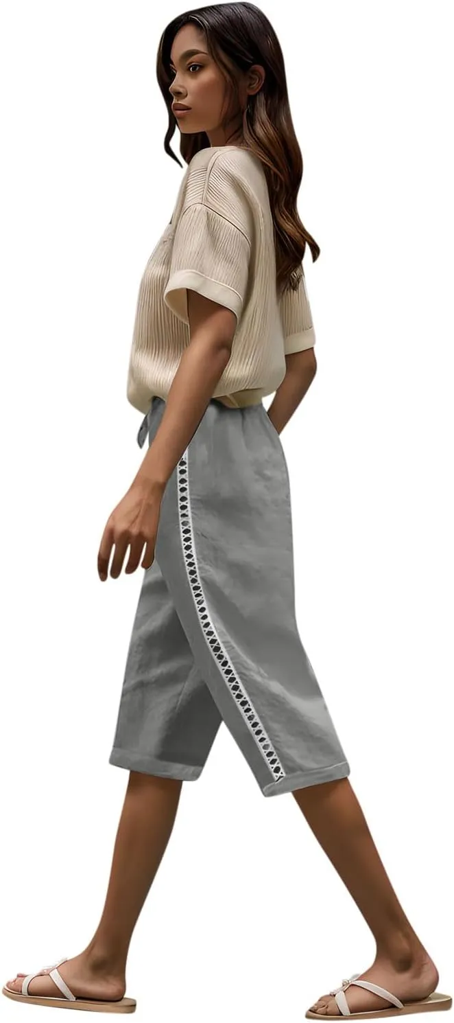 Linen Shorts for Women Trendy High Waisted Pants Side Hollow Lace Trim Drawstring Shorts with Pockets