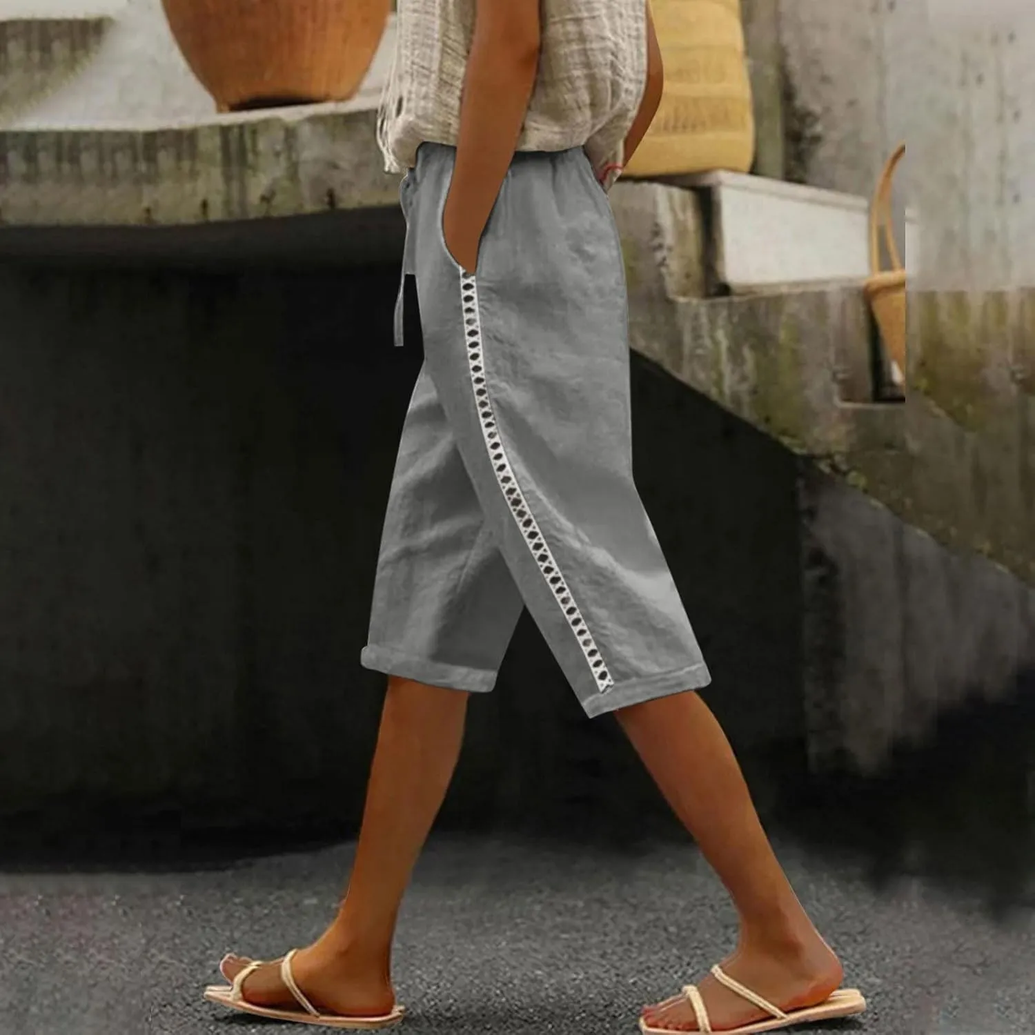 Linen Shorts for Women Trendy High Waisted Pants Side Hollow Lace Trim Drawstring Shorts with Pockets