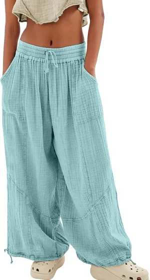 LOAIHA Women's Wide Leg Baggy Pants Drawstring Elastic Waist Harem Pants Casual Palazzo Lounge Trousers with Pockets
