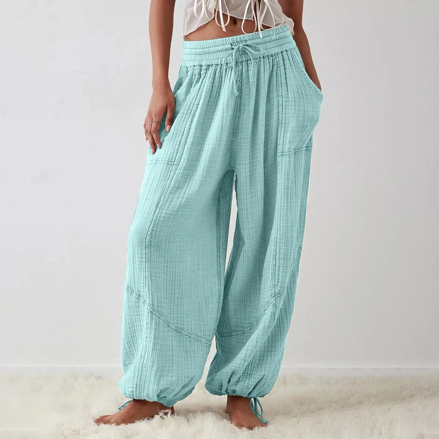 LOAIHA Women's Wide Leg Baggy Pants Drawstring Elastic Waist Harem Pants Casual Palazzo Lounge Trousers with Pockets