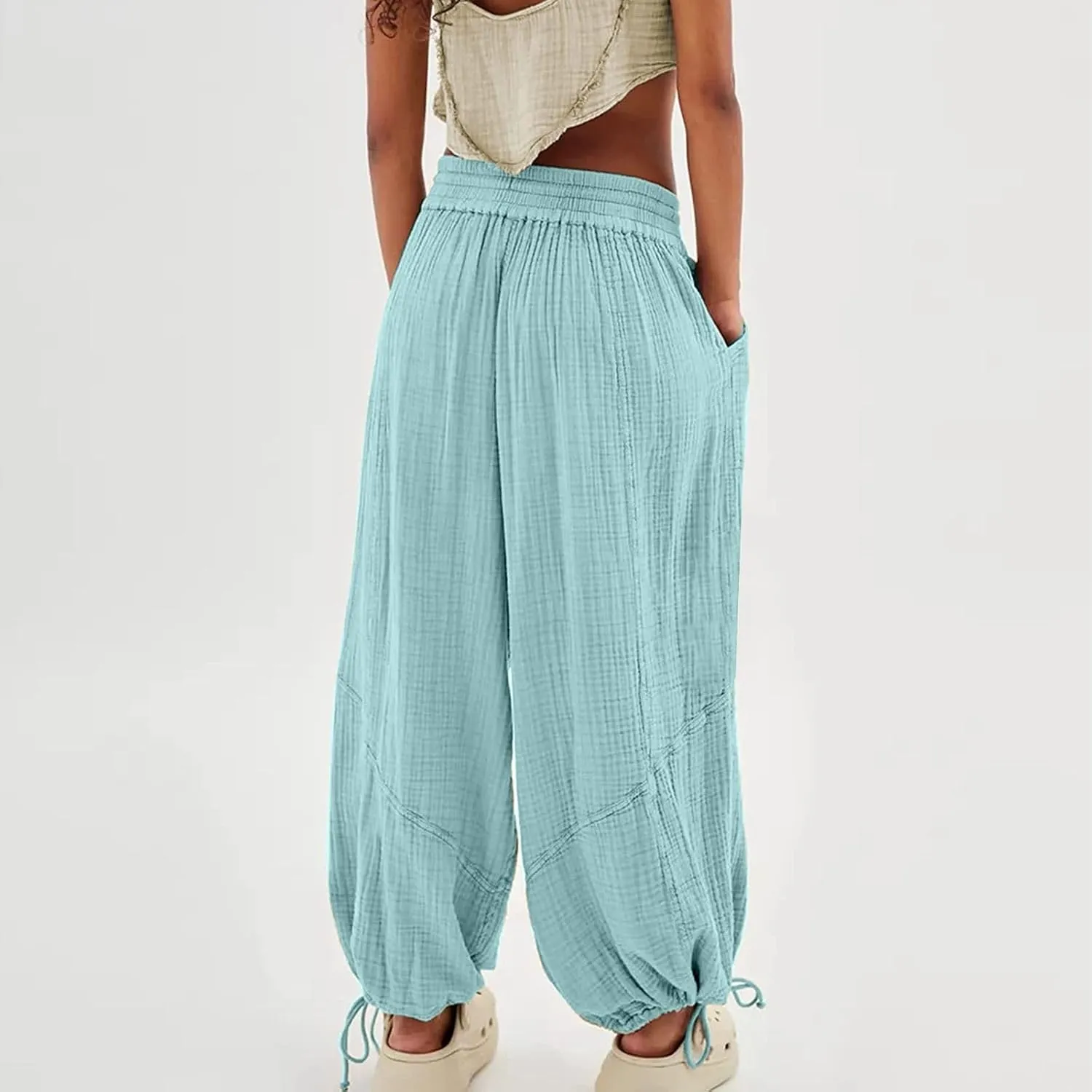 LOAIHA Women's Wide Leg Baggy Pants Drawstring Elastic Waist Harem Pants Casual Palazzo Lounge Trousers with Pockets