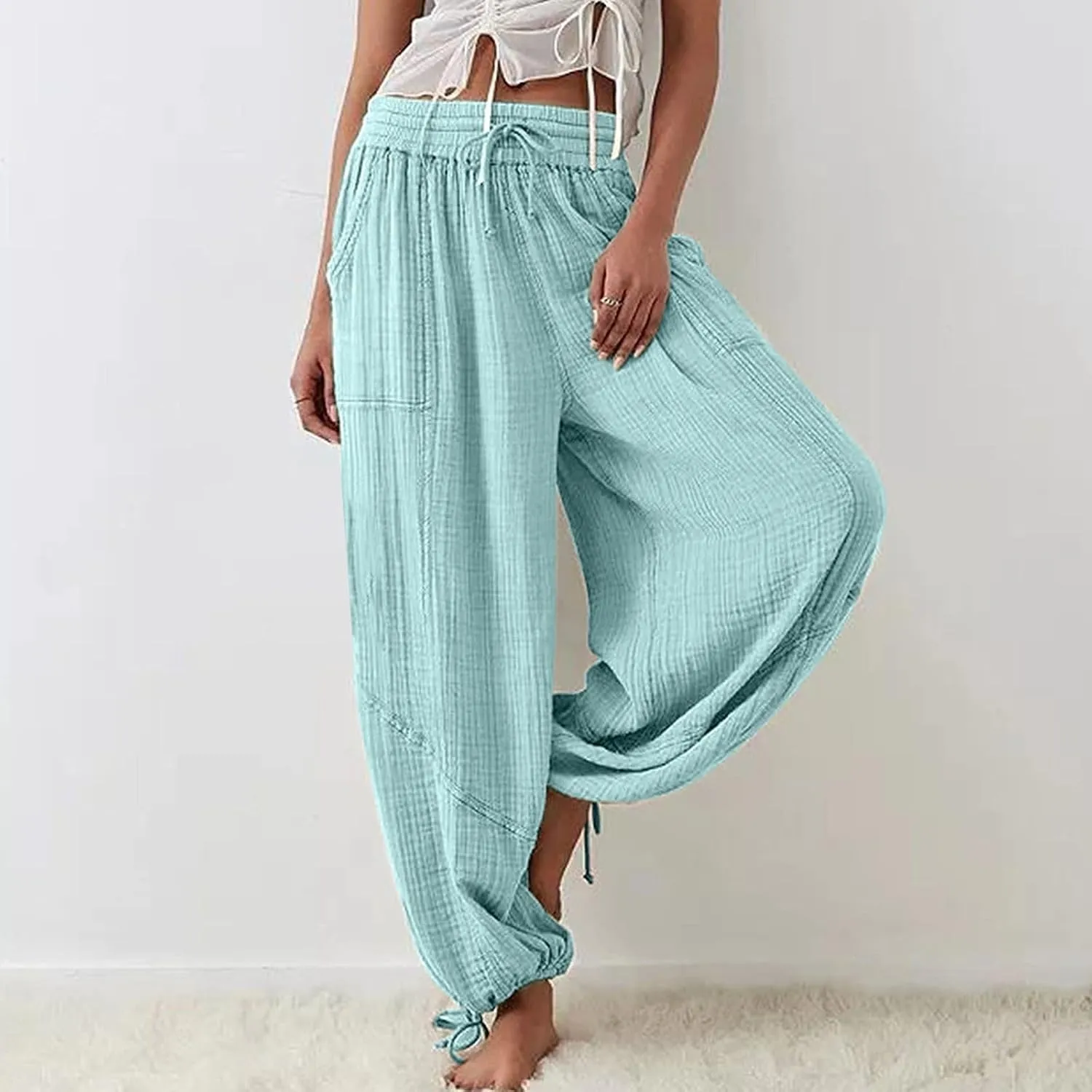 LOAIHA Women's Wide Leg Baggy Pants Drawstring Elastic Waist Harem Pants Casual Palazzo Lounge Trousers with Pockets