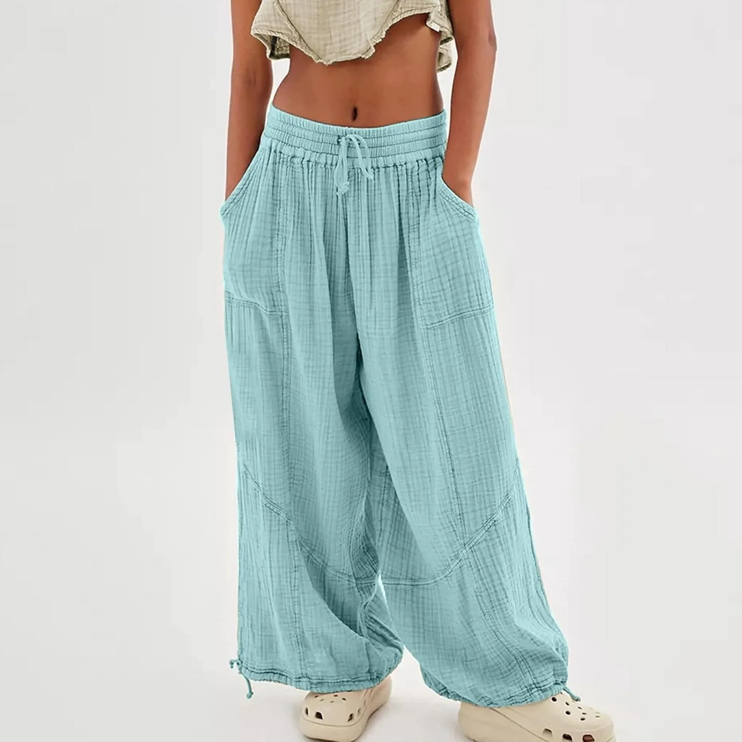 LOAIHA Women's Wide Leg Baggy Pants Drawstring Elastic Waist Harem Pants Casual Palazzo Lounge Trousers with Pockets