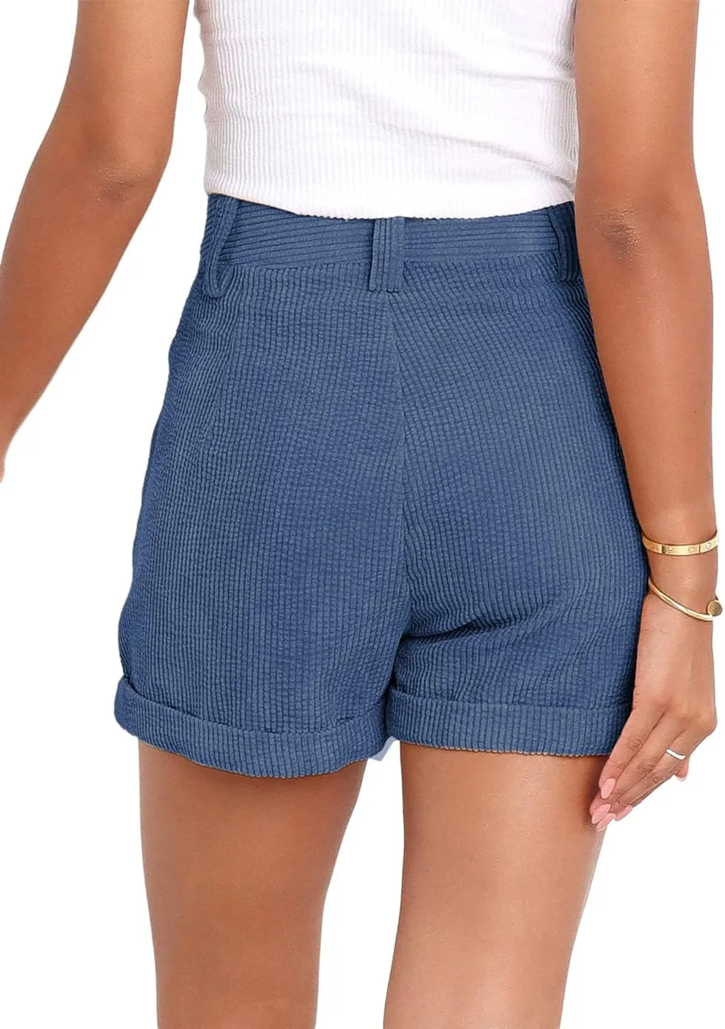 loveimgs Women's Casual Button High Waist Corduroy Shorts Cuffed Hem Solid Shorts Trousers with Pockets