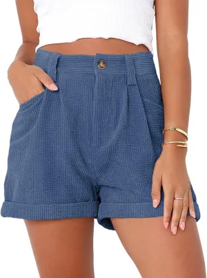 loveimgs Women's Casual Button High Waist Corduroy Shorts Cuffed Hem Solid Shorts Trousers with Pockets