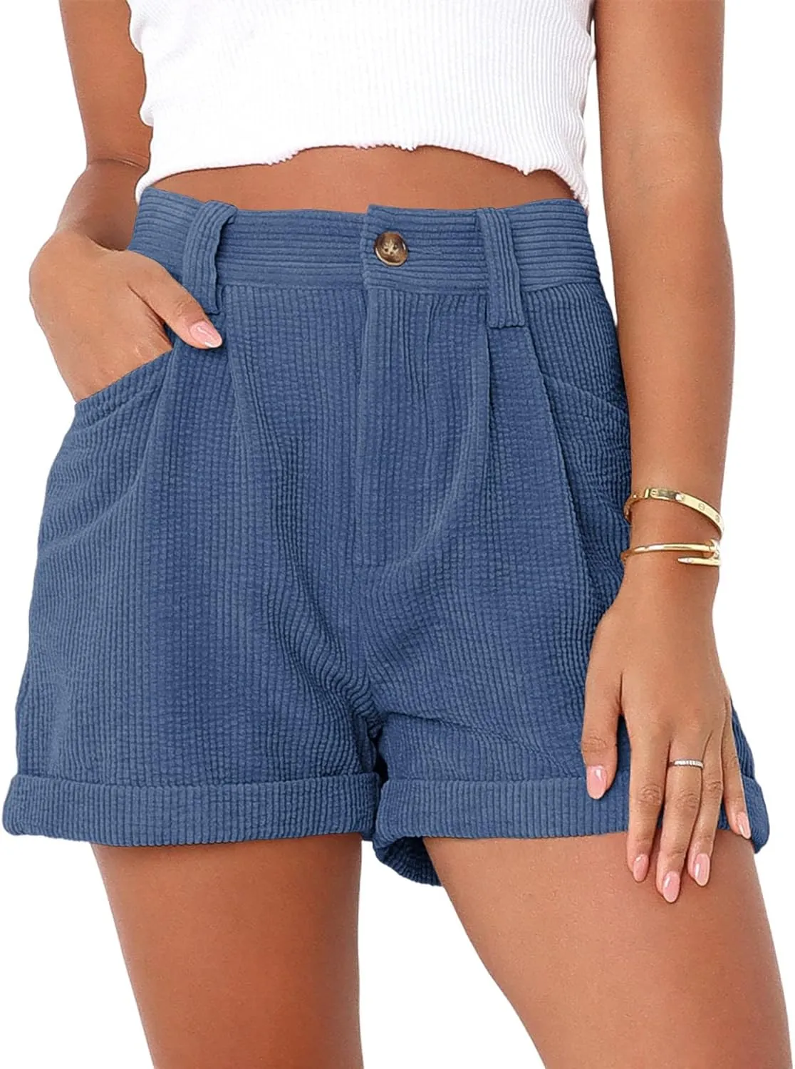 loveimgs Women's Casual Button High Waist Corduroy Shorts Cuffed Hem Solid Shorts Trousers with Pockets