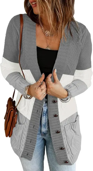 luvamia Womens Long Sleeve Open Front Buttons Cable Knit Pocket Sweater Cardigan
