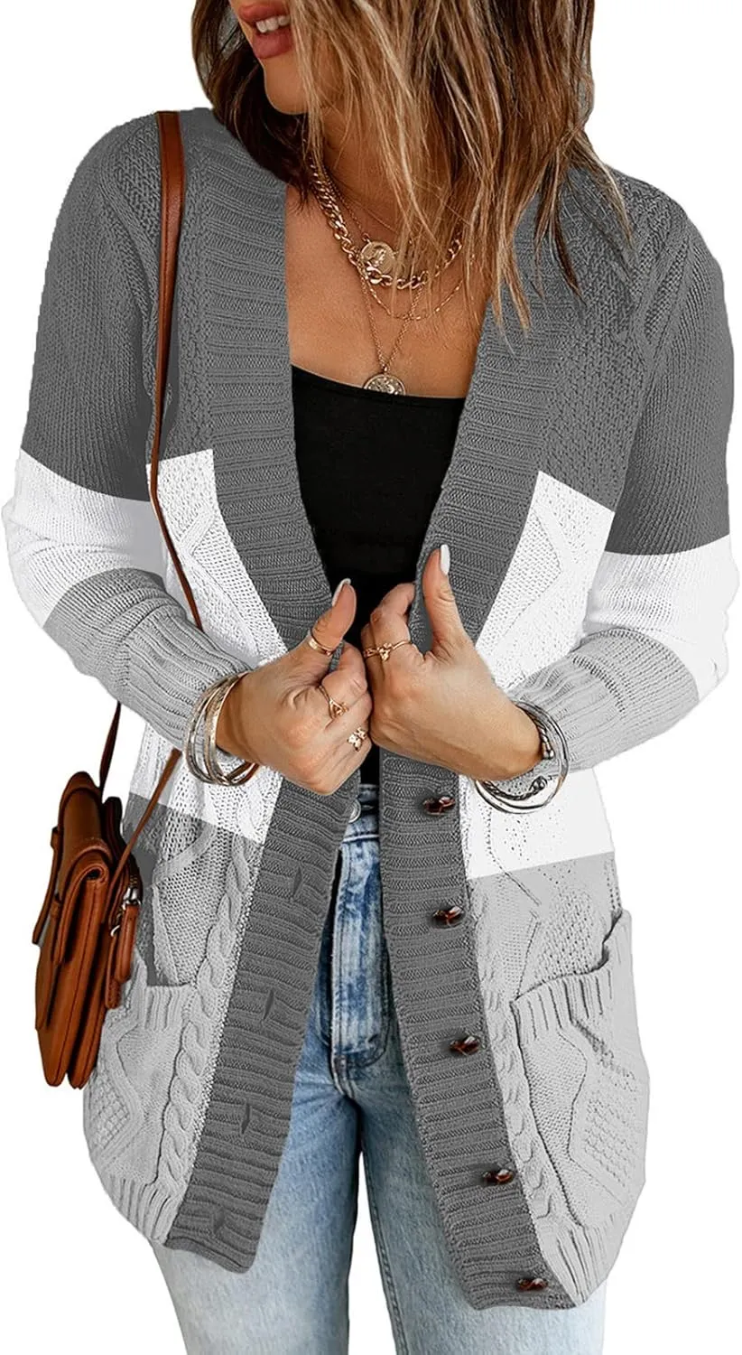 luvamia Womens Long Sleeve Open Front Buttons Cable Knit Pocket Sweater Cardigan