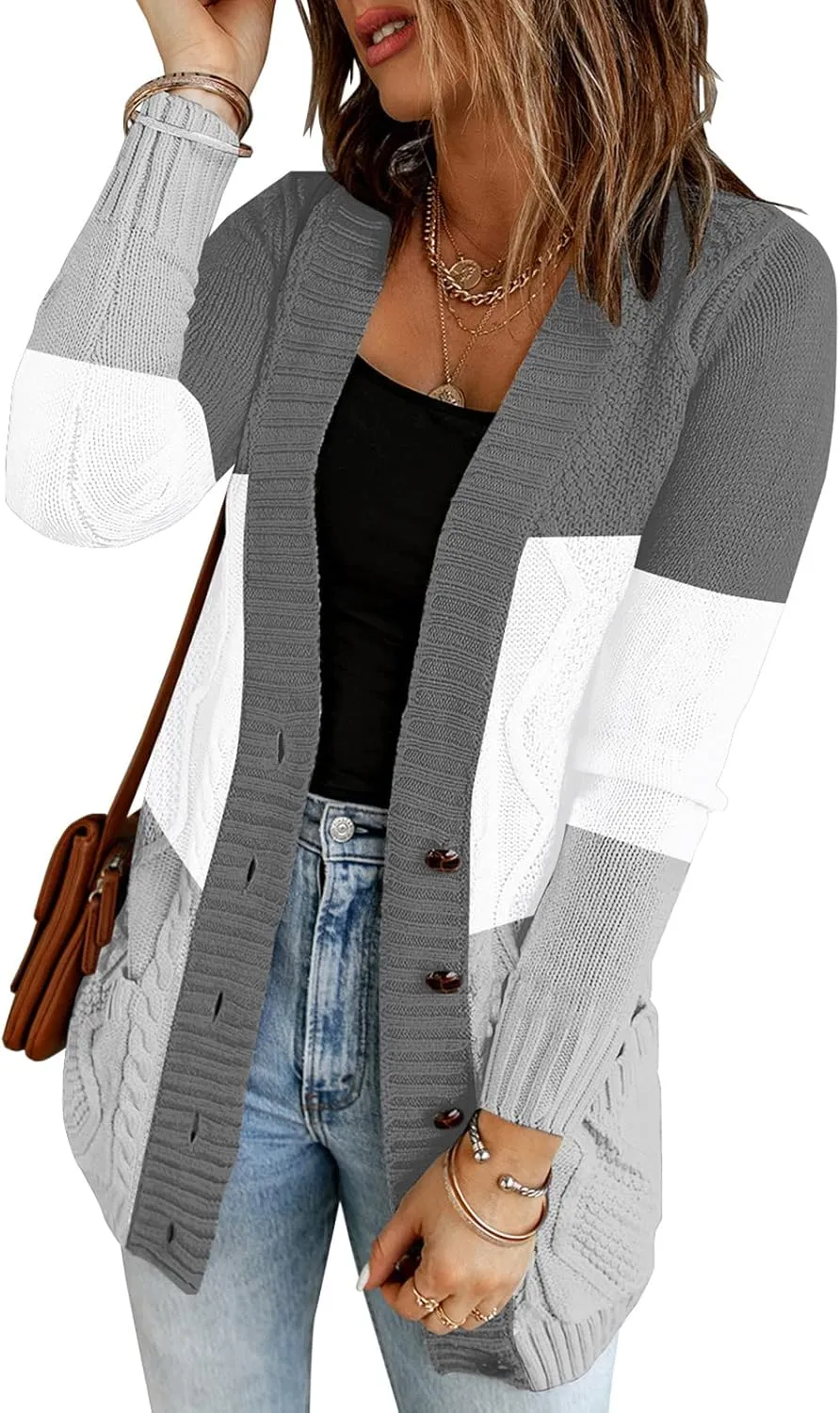 luvamia Womens Long Sleeve Open Front Buttons Cable Knit Pocket Sweater Cardigan