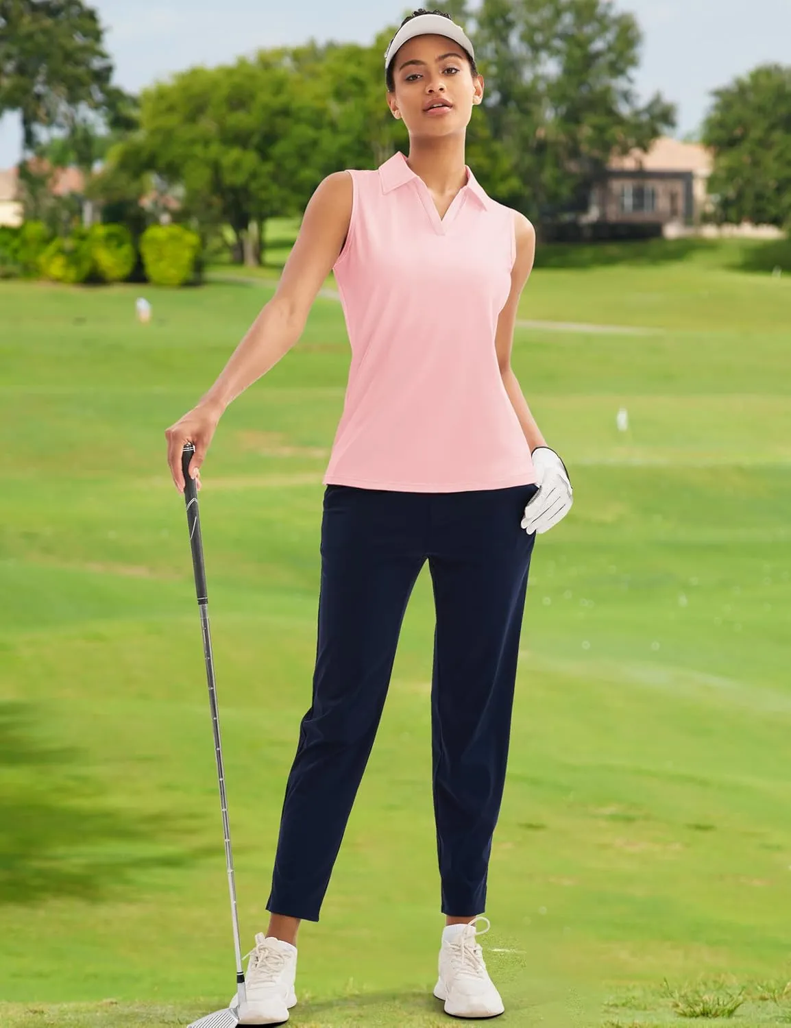 MAGCOMSEN Women's Sleeveless Golf Polo Shirts UPF 50  Tank Tops V-Neck Quick Dry Workout Athletic Tops