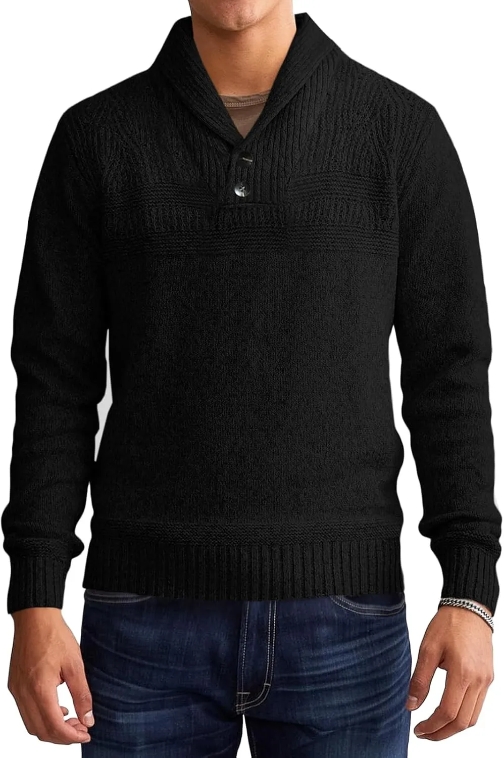 Makkrom Mens Shawl Collar Sweater Cable Knit Pullovers Casual Fall Winter Button Long Sleeve Classic Dress Sweater