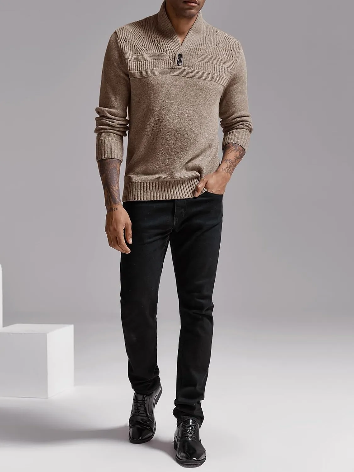 Makkrom Mens Shawl Collar Sweater Cable Knit Pullovers Casual Fall Winter Button Long Sleeve Classic Dress Sweater
