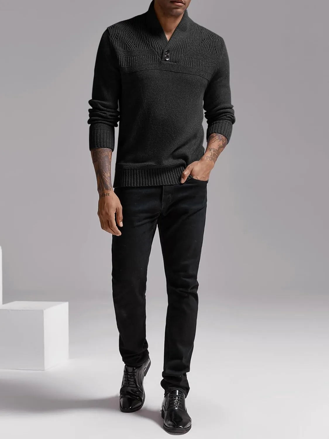Makkrom Mens Shawl Collar Sweater Cable Knit Pullovers Casual Fall Winter Button Long Sleeve Classic Dress Sweater