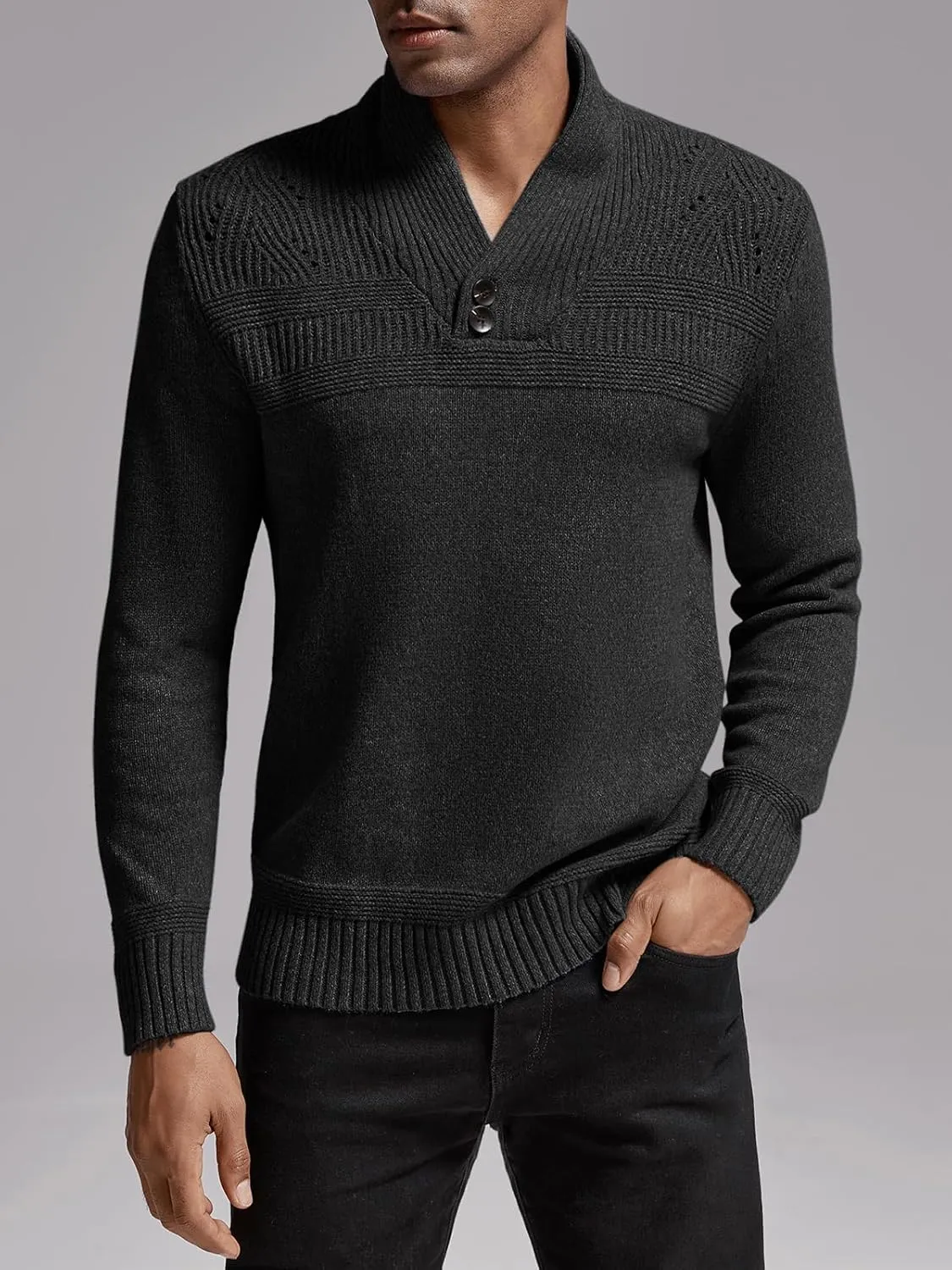 Makkrom Mens Shawl Collar Sweater Cable Knit Pullovers Casual Fall Winter Button Long Sleeve Classic Dress Sweater
