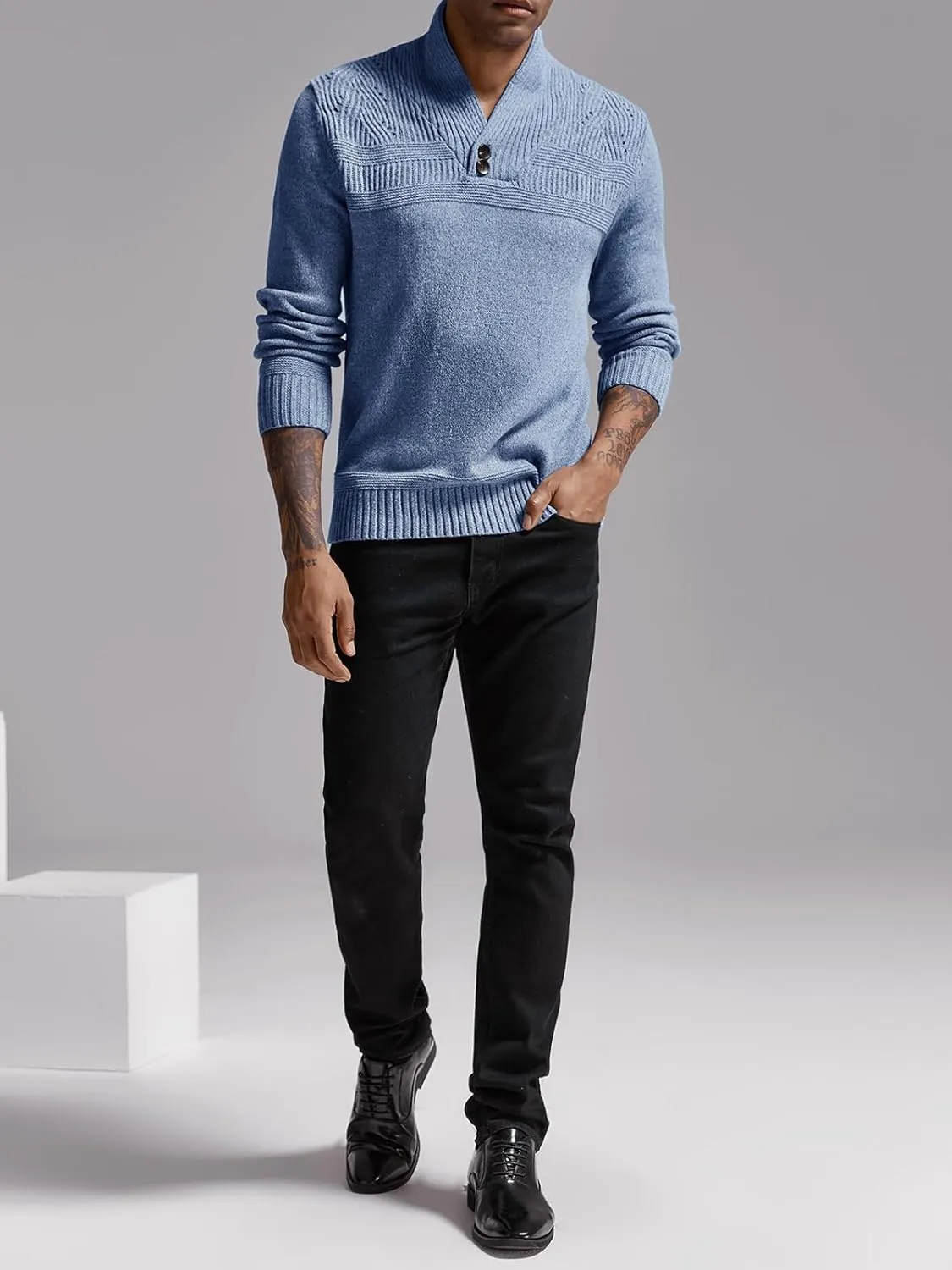 Makkrom Mens Shawl Collar Sweater Cable Knit Pullovers Casual Fall Winter Button Long Sleeve Classic Dress Sweater
