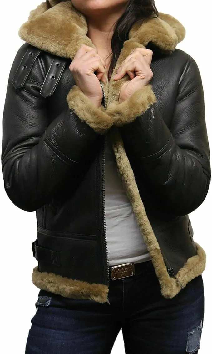 M&K CLOTHING Women's Black Leather Jacket Genuine Sheepskin Raf Aviator Faux Fur Shearling B3 Bomber Leather Jacket