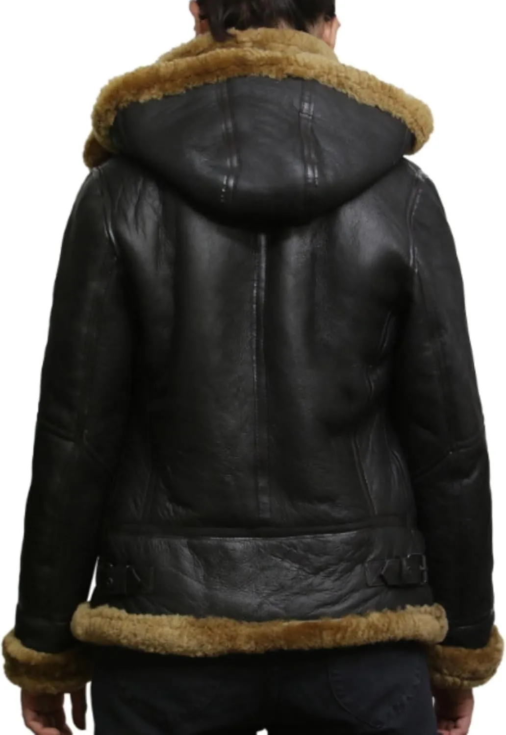M&K CLOTHING Women's Black Leather Jacket Genuine Sheepskin Raf Aviator Faux Fur Shearling B3 Bomber Leather Jacket