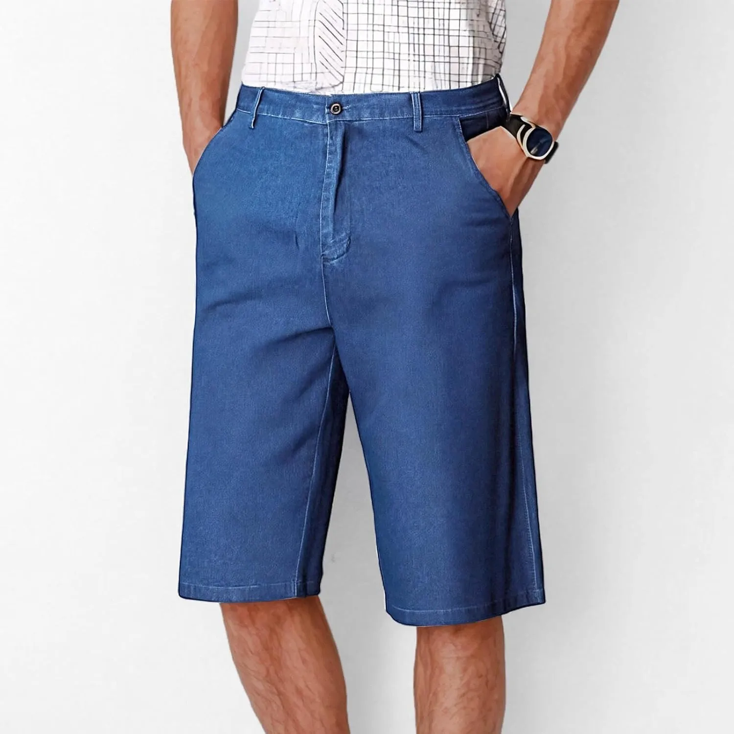 Men Jeans Capri Pants High Waist Fashion Solid Color Plus Size Slim Stretch Straight-Leg Versatile Denim Shorts