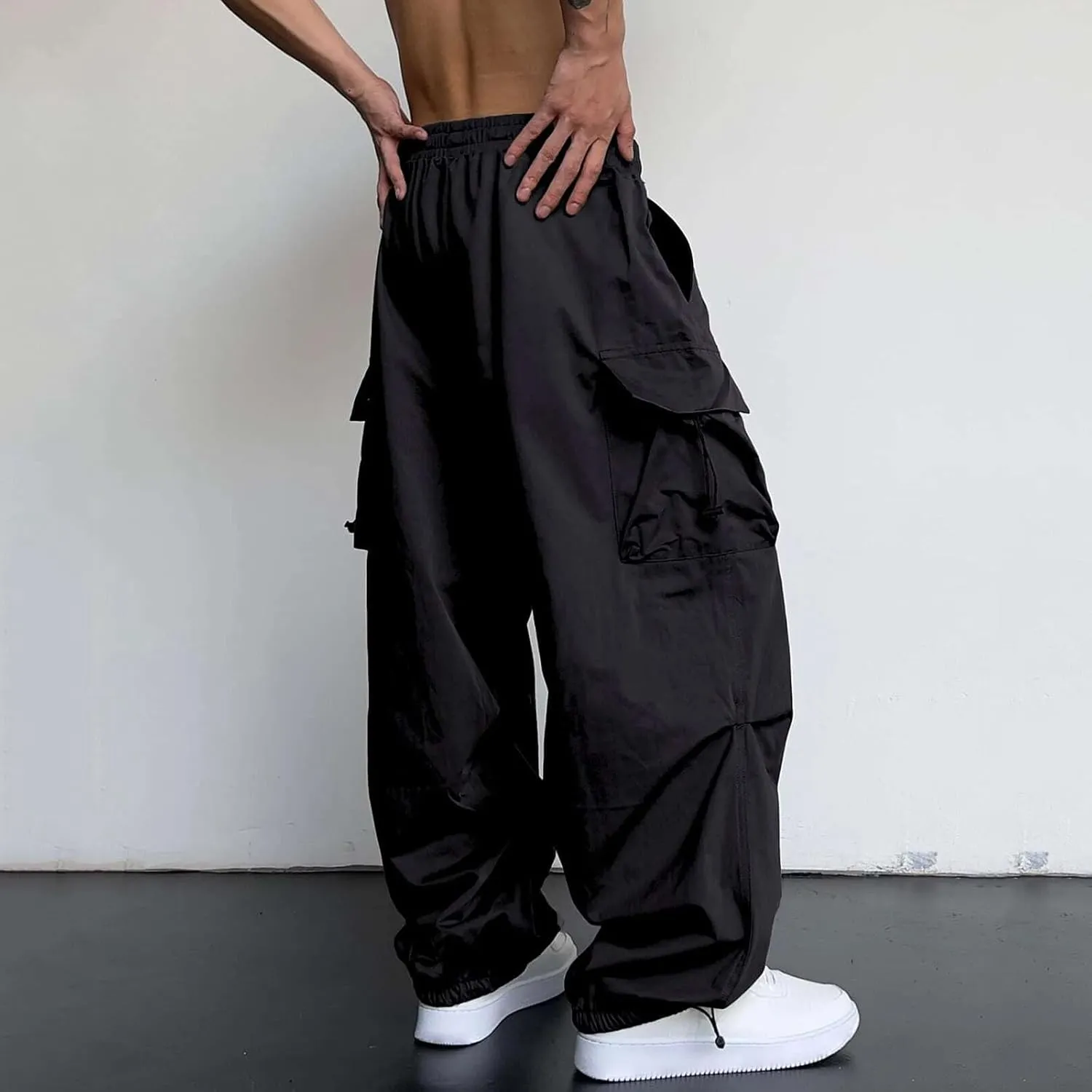 Mens Baggy Cargo Pants, Parachute Pants Causal Loose Fit Joggers, Trendy Harem Pants, Hip Hop Streetwear with Pockets