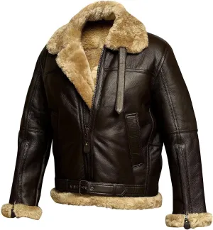 Men's Brown Aviator Goatskin Shearling Style Vintage Bomber Flight Jacket