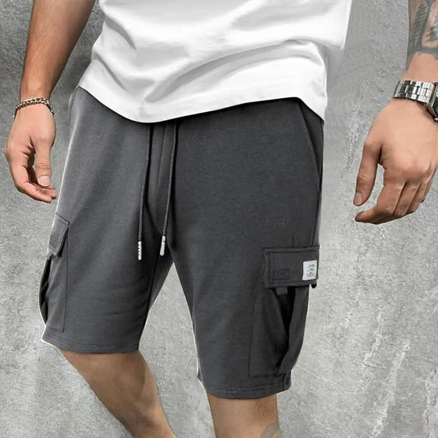 Men's Casual Cargo Shorts Slim Fit Drawstring Shorts Adjustable Elastic Waist Pants Fashion Simple Pants with Pockets