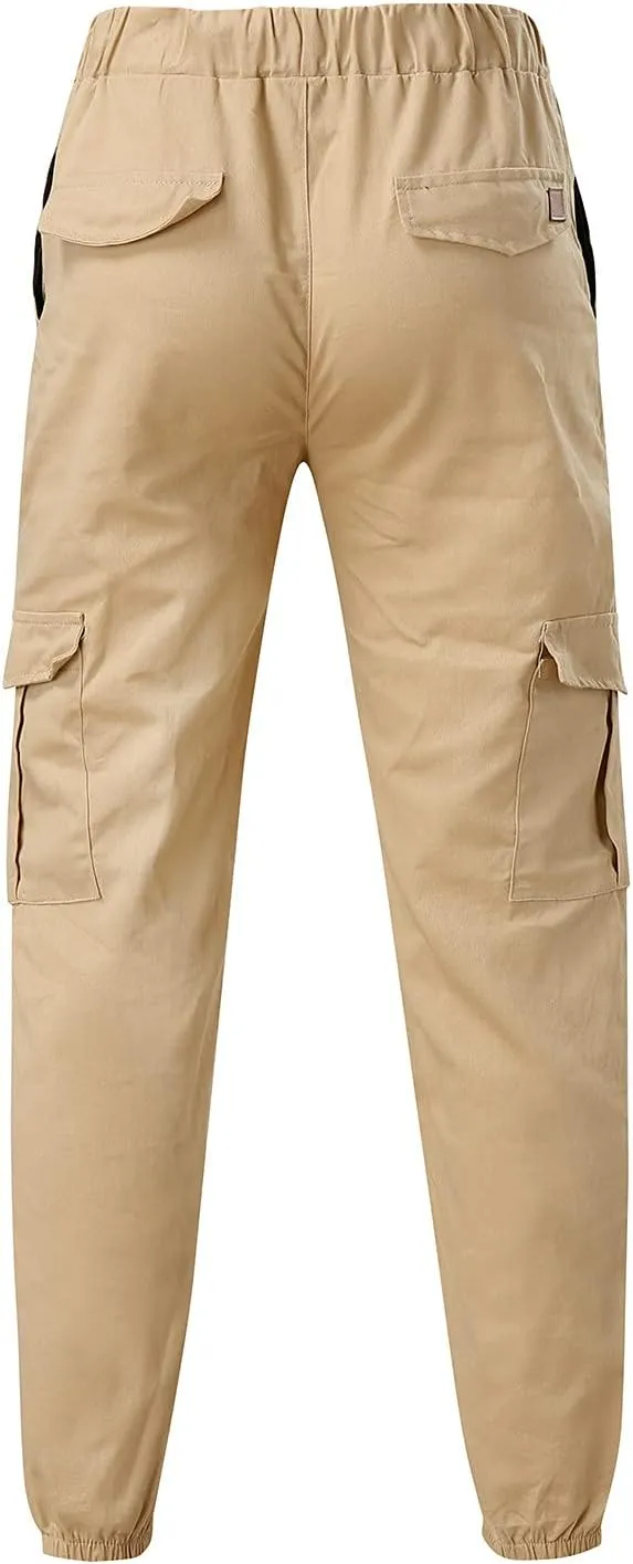 Mens Casual Elastic Drawstring Cargo Pants Outdoor Trousers Cotton Workout Sweatpants Hiking Joggers with Pockets
