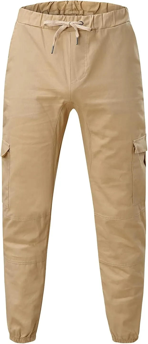 Mens Casual Elastic Drawstring Cargo Pants Outdoor Trousers Cotton Workout Sweatpants Hiking Joggers with Pockets