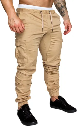 Mens Casual Elastic Drawstring Cargo Pants Outdoor Trousers Cotton Workout Sweatpants Hiking Joggers with Pockets