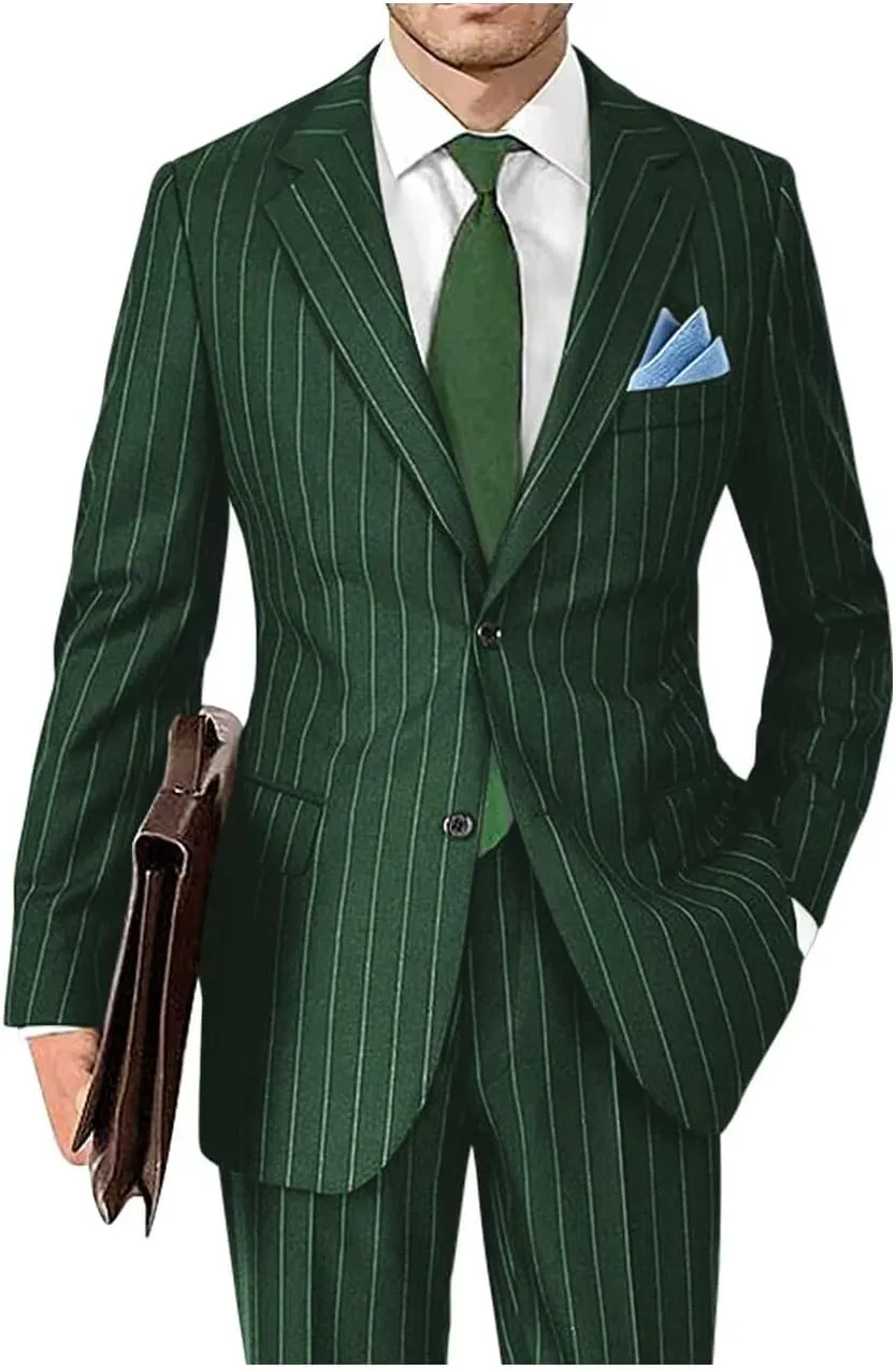 Men's Classic Fit Stripe Suits 2 Piece Pinstripe Suit Two Button Blazer Prom Pinstripe Suit for Men 1920s Set