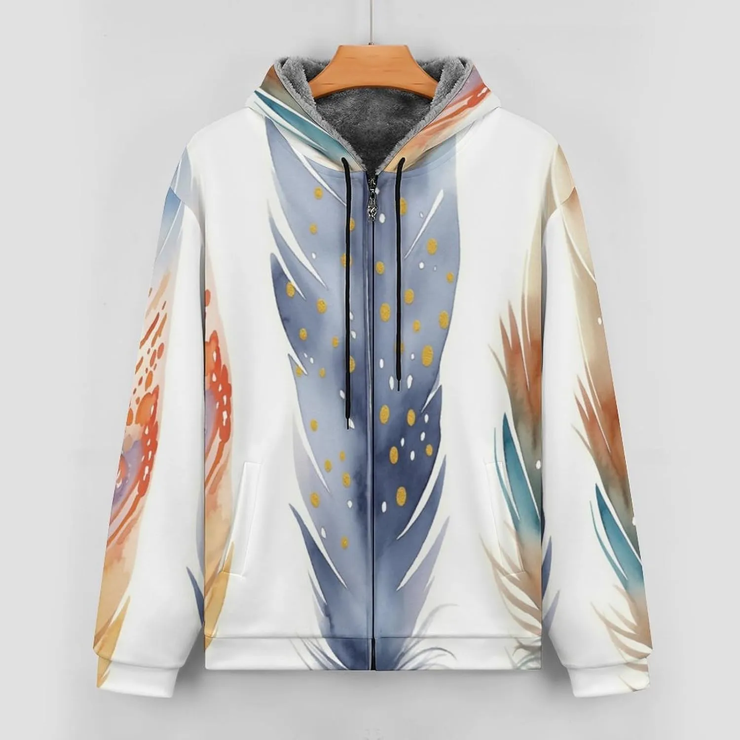 Mens Cotton Padded Fleece Jacket, Winter Full Zip Up Coat, Watercolor Feathers Hooded Warm Lined Sweatshirts, Windp